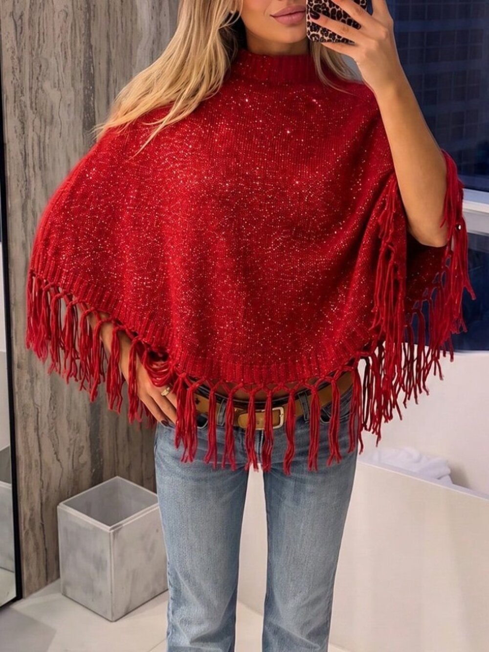 Red Casual Women's Fringe Asymmetrical Hem Stand Collar Cloak Sleeve Pullovers
